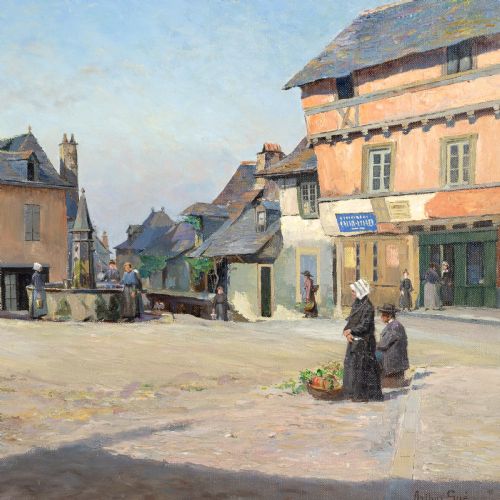 fig 5. An antique oil painting depicting a sunlit French village square with townspeople, stone buildings, and a clear blue sky, housed in a light-coloured wooden frame.