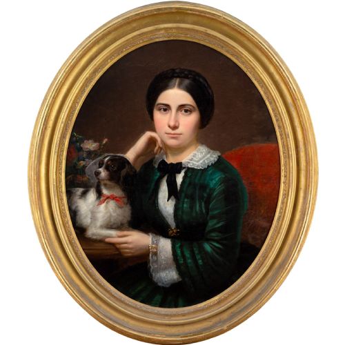 Mid-19th-century French School, Portrait of a Young Woman with Her Dog - Antique Oil Painting