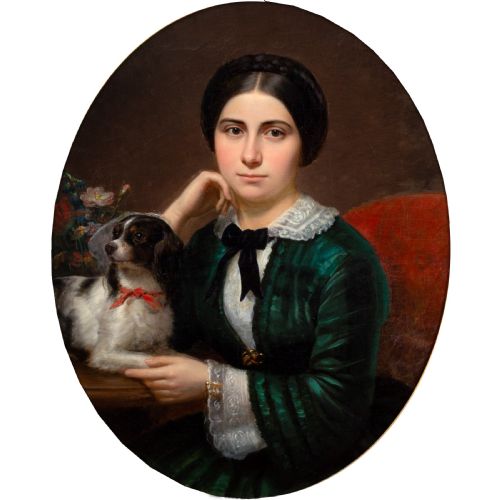fig 1. An oval-framed antique oil painting depicting a seated young woman in a green dress holding a small pet dog.