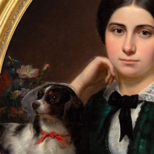 fig 5. An oval-framed antique oil painting depicting a seated young woman in a green dress holding a small pet dog.