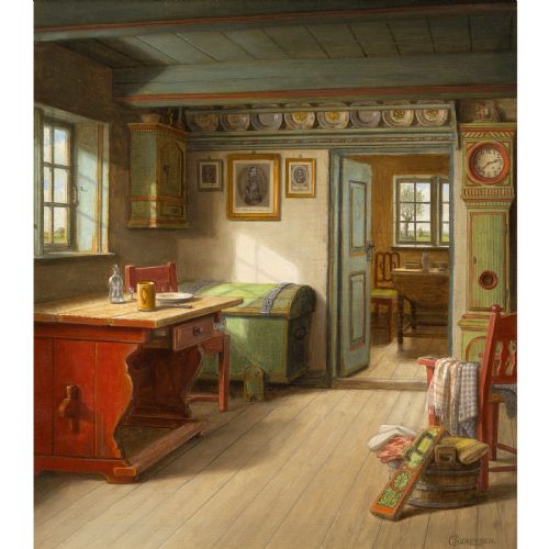 fig 1. Framed oil painting depicting a sunlit Scandinavian rustic room with traditional painted furniture and a view into an adjacent room.