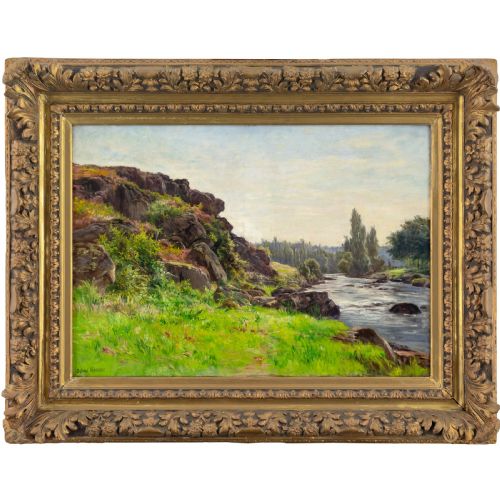 Gabriel Mathieu, a Walk by the River - Antique Oil Painting