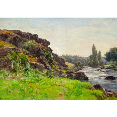 fig 1. An antique oil painting depicting a river running alongside a green rocky bank, set within an ornate gilded frame.