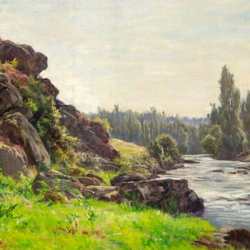 fig 2. An antique oil painting depicting a river running alongside a green rocky bank, set within an ornate gilded frame.