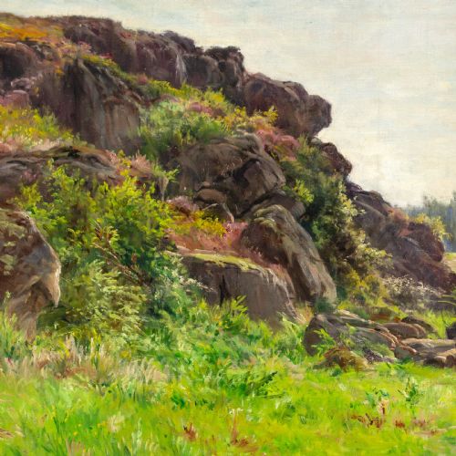 fig 3. An antique oil painting depicting a river running alongside a green rocky bank, set within an ornate gilded frame.