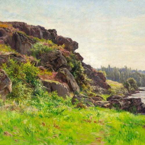 fig 4. An antique oil painting depicting a river running alongside a green rocky bank, set within an ornate gilded frame.