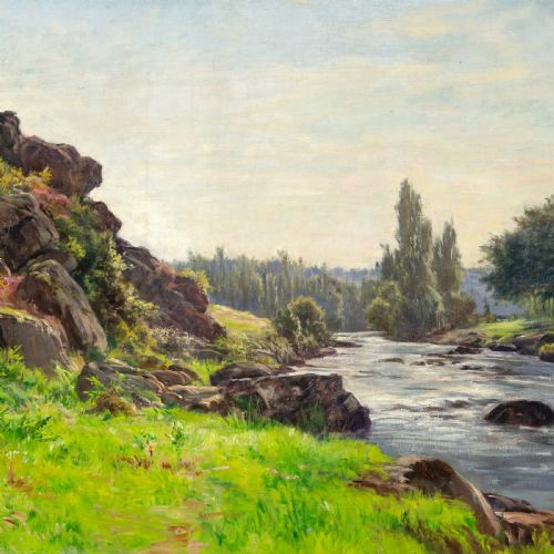 fig 5. An antique oil painting depicting a river running alongside a green rocky bank, set within an ornate gilded frame.