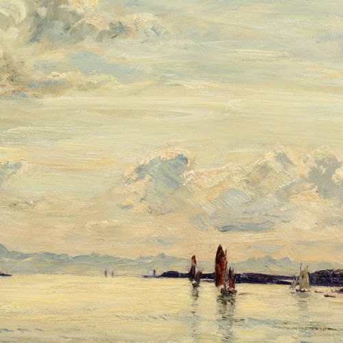 fig 1. An impressionist oil painting depicting sailboats on calm waters at Kyle of Lochalsh, encased in an ornate swept giltwood frame.