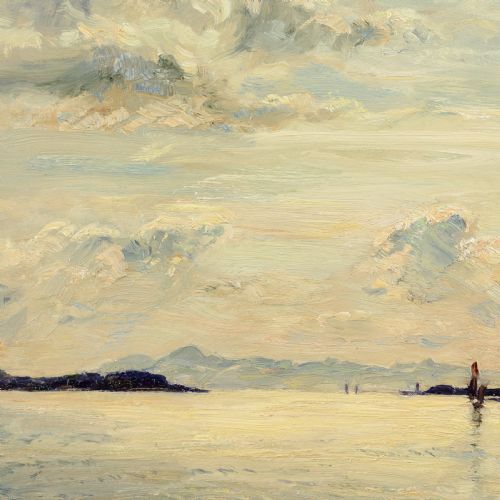fig 3. An impressionist oil painting depicting sailboats on calm waters at Kyle of Lochalsh, encased in an ornate swept giltwood frame.