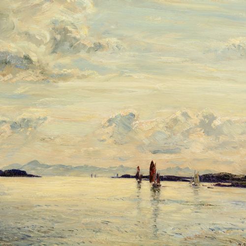 fig 5. An impressionist oil painting depicting sailboats on calm waters at Kyle of Lochalsh, encased in an ornate swept giltwood frame.