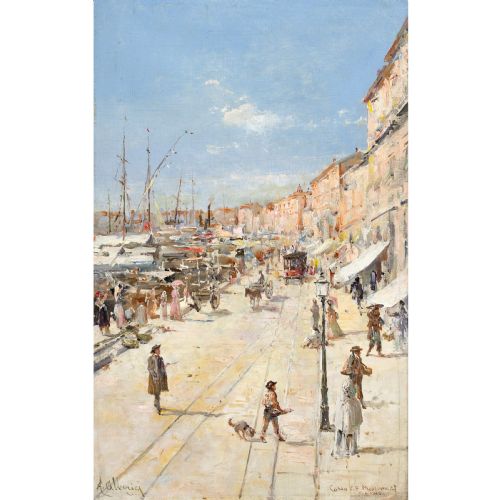 fig 1. An antique oil painting depicting a bustling Sicilian street scene along a harbour front, presented in an ornate giltwood frame.