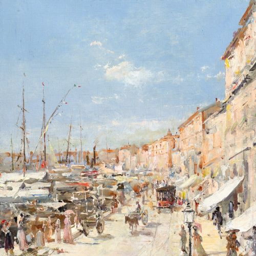 fig 3. An antique oil painting depicting a bustling Sicilian street scene along a harbour front, presented in an ornate giltwood frame.