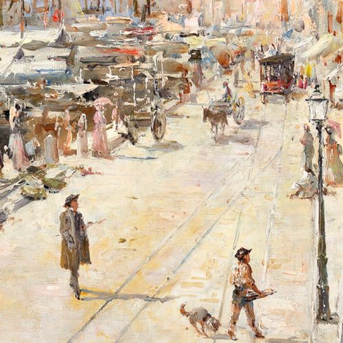 fig 4. An antique oil painting depicting a bustling Sicilian street scene along a harbour front, presented in an ornate giltwood frame.
