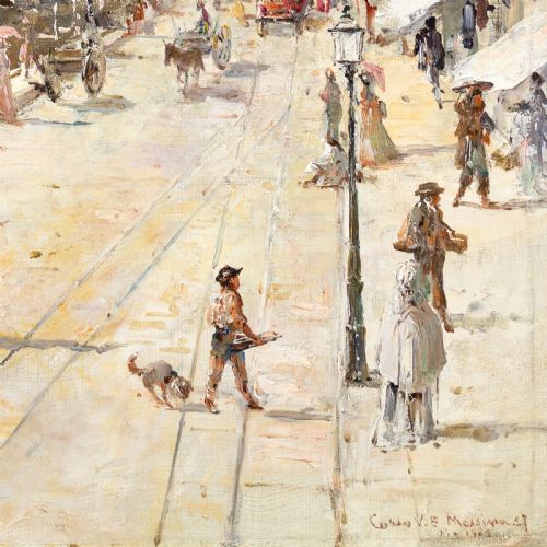 fig 5. An antique oil painting depicting a bustling Sicilian street scene along a harbour front, presented in an ornate giltwood frame.