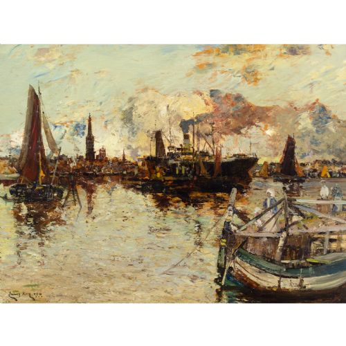 fig 1. An impressionist oil painting depicting ships moored in a harbour at dusk with a cathedral spire in the background, housed in an ornate carved gilt frame.