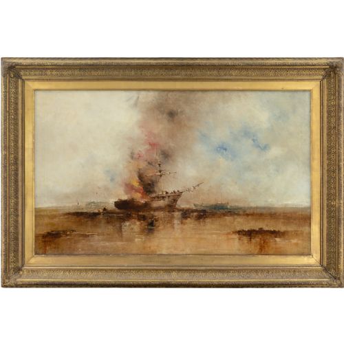 William Mcalpine, the Burning of a Ship - Antique Oil Painting