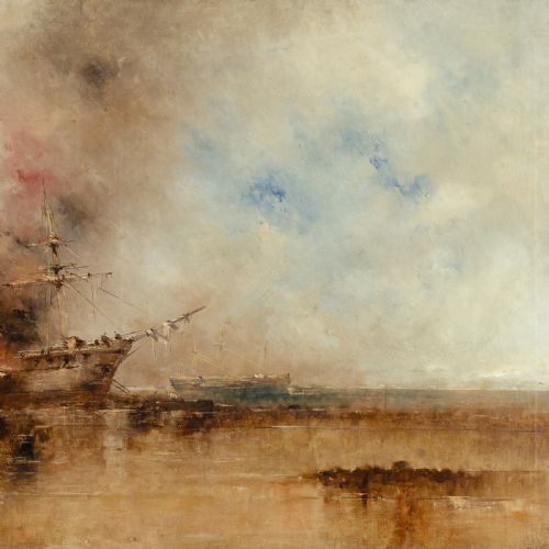 fig 1. A 19th-century oil painting depicting a burning ship at sea under a hazy sky, enclosed in an ornate gold gilt frame.