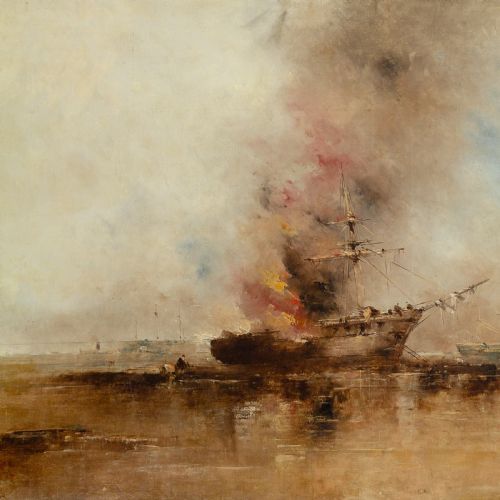fig 2. A 19th-century oil painting depicting a burning ship at sea under a hazy sky, enclosed in an ornate gold gilt frame.