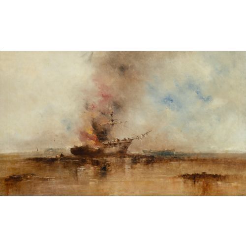 fig 3. A 19th-century oil painting depicting a burning ship at sea under a hazy sky, enclosed in an ornate gold gilt frame.