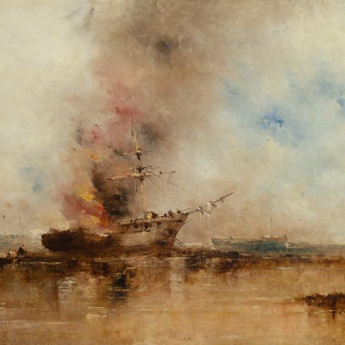 fig 4. A 19th-century oil painting depicting a burning ship at sea under a hazy sky, enclosed in an ornate gold gilt frame.