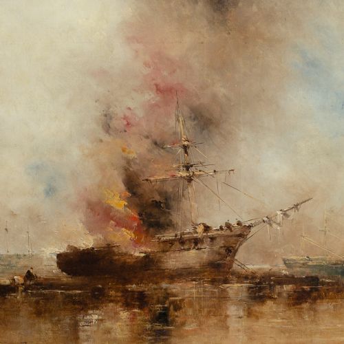 fig 5. A 19th-century oil painting depicting a burning ship at sea under a hazy sky, enclosed in an ornate gold gilt frame.