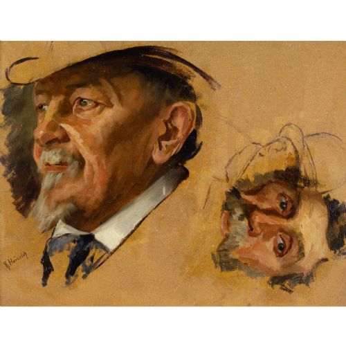 fig 1. An antique oil painting depicting two facial portrait studies of a bearded man in a gilded frame.