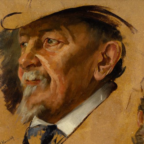 fig 2. An antique oil painting depicting two facial portrait studies of a bearded man in a gilded frame.