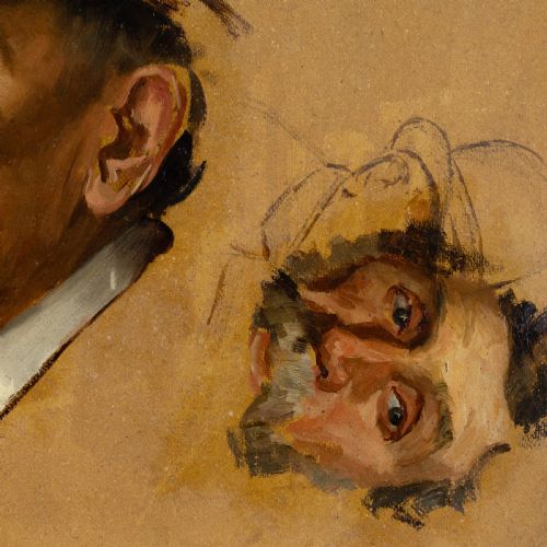fig 3. An antique oil painting depicting two facial portrait studies of a bearded man in a gilded frame.
