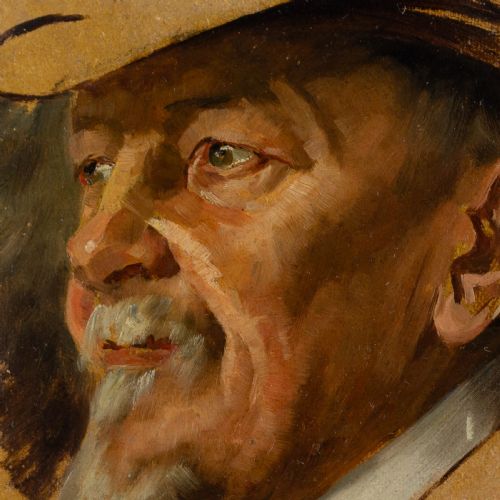 fig 4. An antique oil painting depicting two facial portrait studies of a bearded man in a gilded frame.