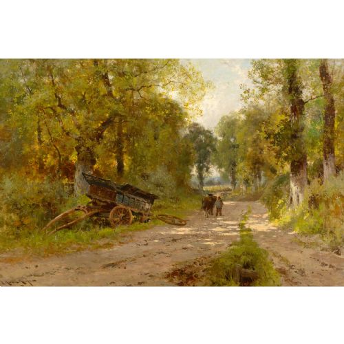 fig 1. A framed nineteenth-century oil painting depicting a dirt country road lined with trees, a horse-drawn cart, and figures under a light cloudy sky.