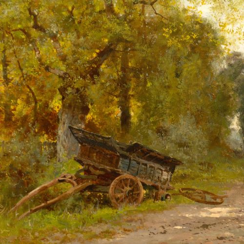 fig 2. A framed nineteenth-century oil painting depicting a dirt country road lined with trees, a horse-drawn cart, and figures under a light cloudy sky.