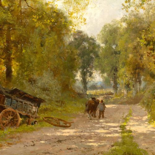 fig 3. A framed nineteenth-century oil painting depicting a dirt country road lined with trees, a horse-drawn cart, and figures under a light cloudy sky.
