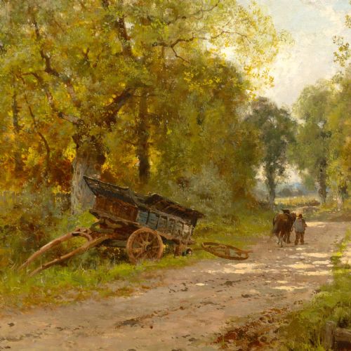 fig 4. A framed nineteenth-century oil painting depicting a dirt country road lined with trees, a horse-drawn cart, and figures under a light cloudy sky.