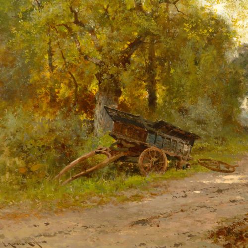fig 5. A framed nineteenth-century oil painting depicting a dirt country road lined with trees, a horse-drawn cart, and figures under a light cloudy sky.