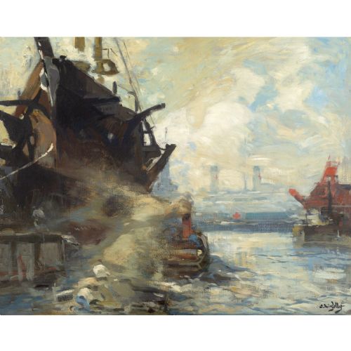 fig 1. An impressionist oil painting depicting a wartime hospital ship and harbour scene enclosed in a gold gilded frame.