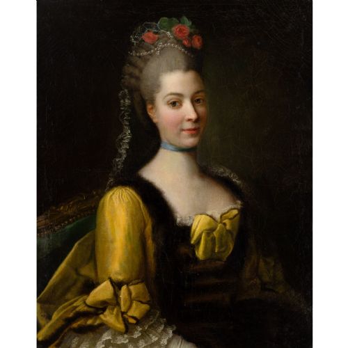fig 1. An eighteenth-century French oil painting on canvas depicting a lady with powdered hair and a yellow dress, housed in a carved gold leaf frame.