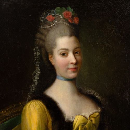 fig 2. An eighteenth-century French oil painting on canvas depicting a lady with powdered hair and a yellow dress, housed in a carved gold leaf frame.