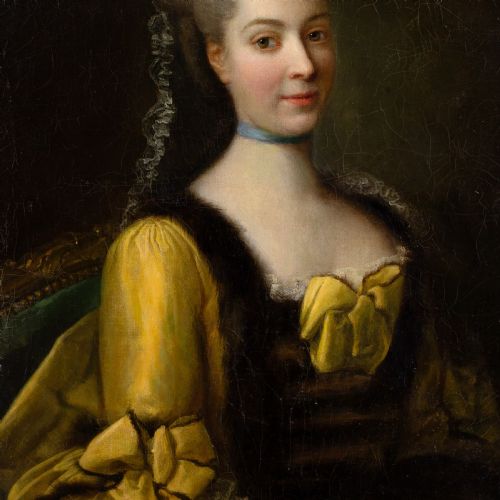 fig 3. An eighteenth-century French oil painting on canvas depicting a lady with powdered hair and a yellow dress, housed in a carved gold leaf frame.