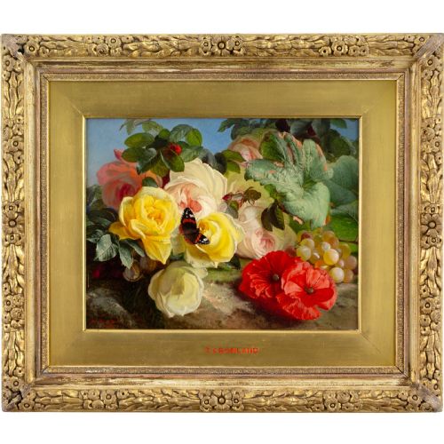 Theude Grönland, Roses, Poppies, Grapes & Butterfly - Antique Oil Painting