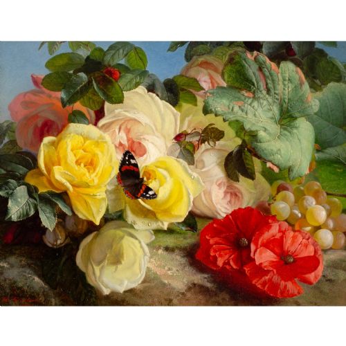 fig 1. An antique floral still life oil painting displaying red poppies, yellow roses, grapes, and a butterfly, set inside an ornate carved gilt frame.