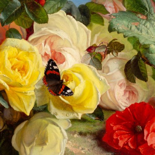 fig 2. An antique floral still life oil painting displaying red poppies, yellow roses, grapes, and a butterfly, set inside an ornate carved gilt frame.