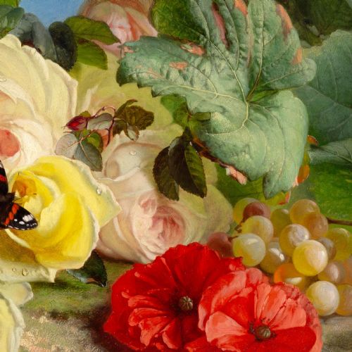 fig 3. An antique floral still life oil painting displaying red poppies, yellow roses, grapes, and a butterfly, set inside an ornate carved gilt frame.