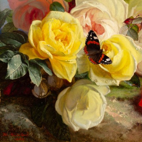fig 4. An antique floral still life oil painting displaying red poppies, yellow roses, grapes, and a butterfly, set inside an ornate carved gilt frame.