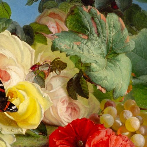 fig 5. An antique floral still life oil painting displaying red poppies, yellow roses, grapes, and a butterfly, set inside an ornate carved gilt frame.