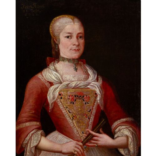 fig 1. An 18th-century oil portrait depicting a woman in an embroidered red dress and gold headpiece set within a giltwood frame.