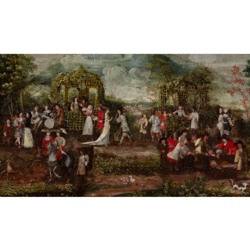 fig 1. Late 17th-Century Flemish School, A Garden Of Love: Extended Fan Leaf - Antique Oil Painting