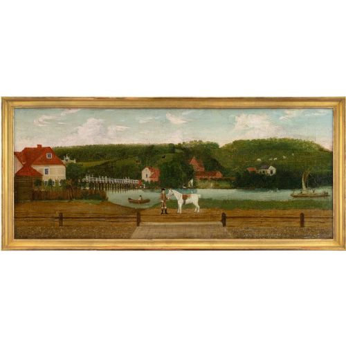 Early 19th-century English School, a Gentleman with His Horse Before a Riverside Estate - Antique Oil Painting