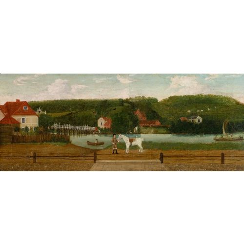 fig 1. A panoramic early 19th-century English oil painting depicting a gentleman with a white horse beside a river estate, housed in a narrow gilt frame.