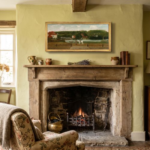 fig 2. A panoramic early 19th-century English oil painting depicting a gentleman with a white horse beside a river estate, housed in a narrow gilt frame.