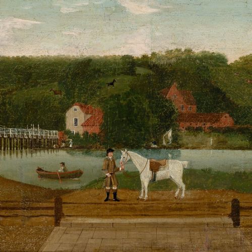 fig 3. A panoramic early 19th-century English oil painting depicting a gentleman with a white horse beside a river estate, housed in a narrow gilt frame.